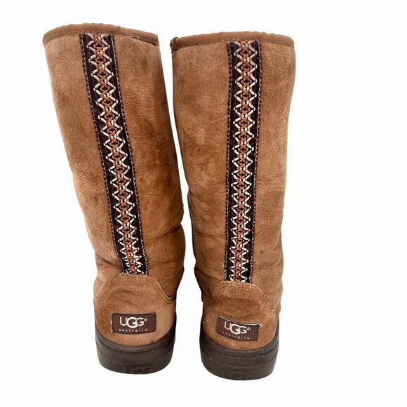 UGG ULTIMATE TALL BRAID CHESTNUT BROWN BOOTS SHEARLING LINED SUEDE - 7 - Picture 2 of 12